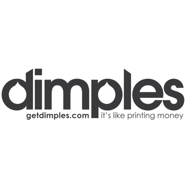 Dimples wordmark: lowercase letters with ink-saving perforations, tagline 'it's like printing money'