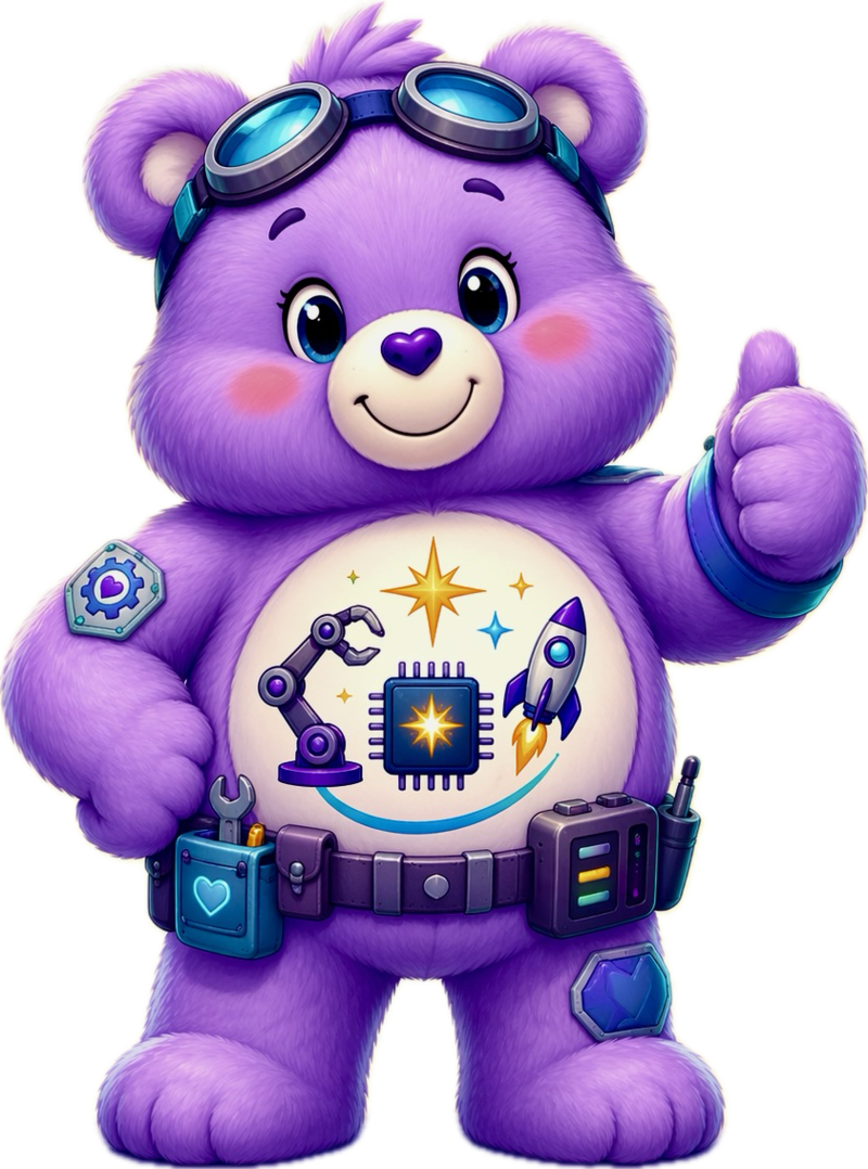 Tough Tech Bear — a lavender Care Bear with safety goggles, a chip-and-rocket tummy symbol, and a tool belt, waving hello